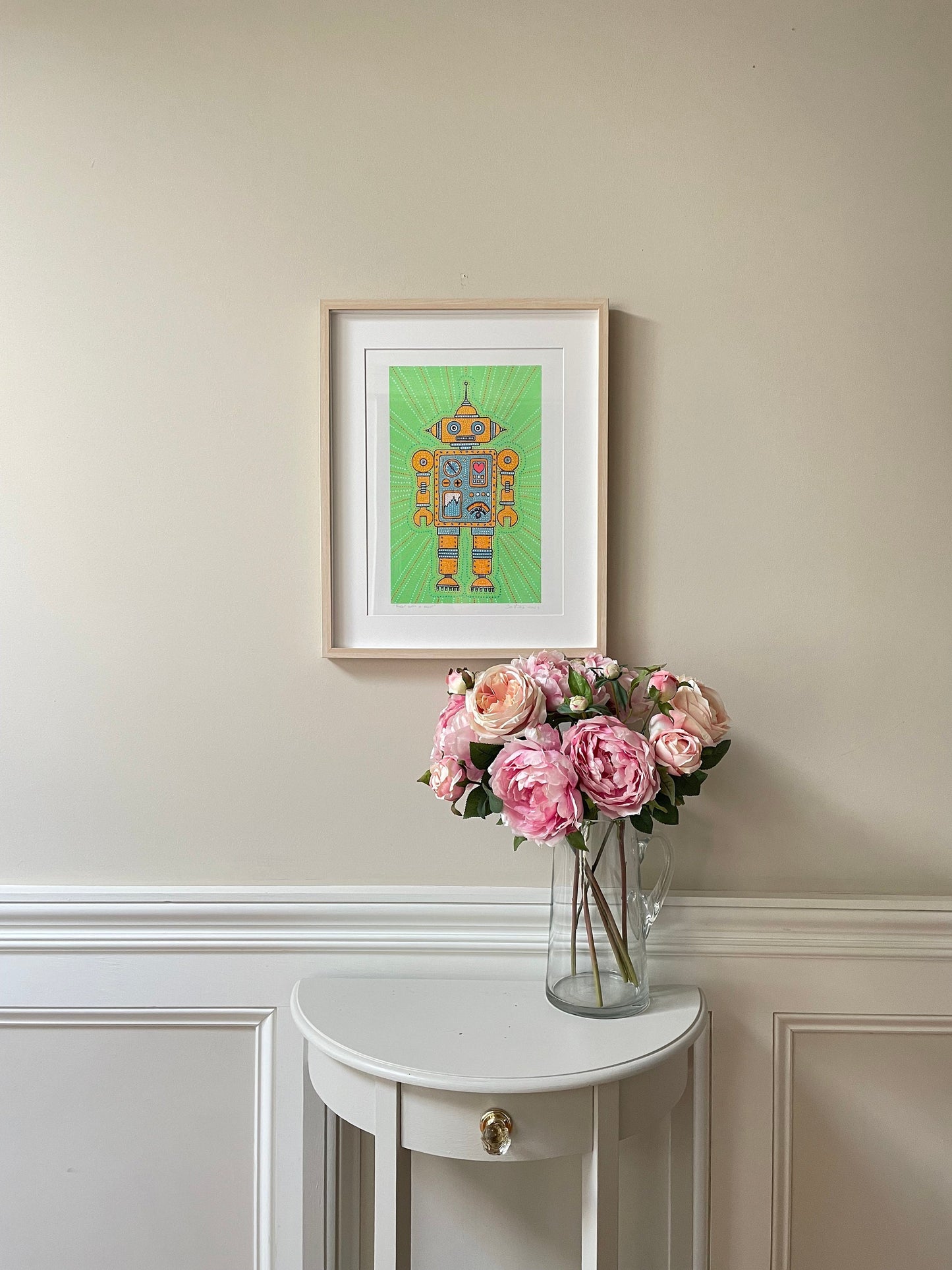 Set of 4 Prints | Robot | Children | Cute |Original Art |Boys |Kids |Wall Art Print |Play Room | Sky Blue Pink Moss Lime Green