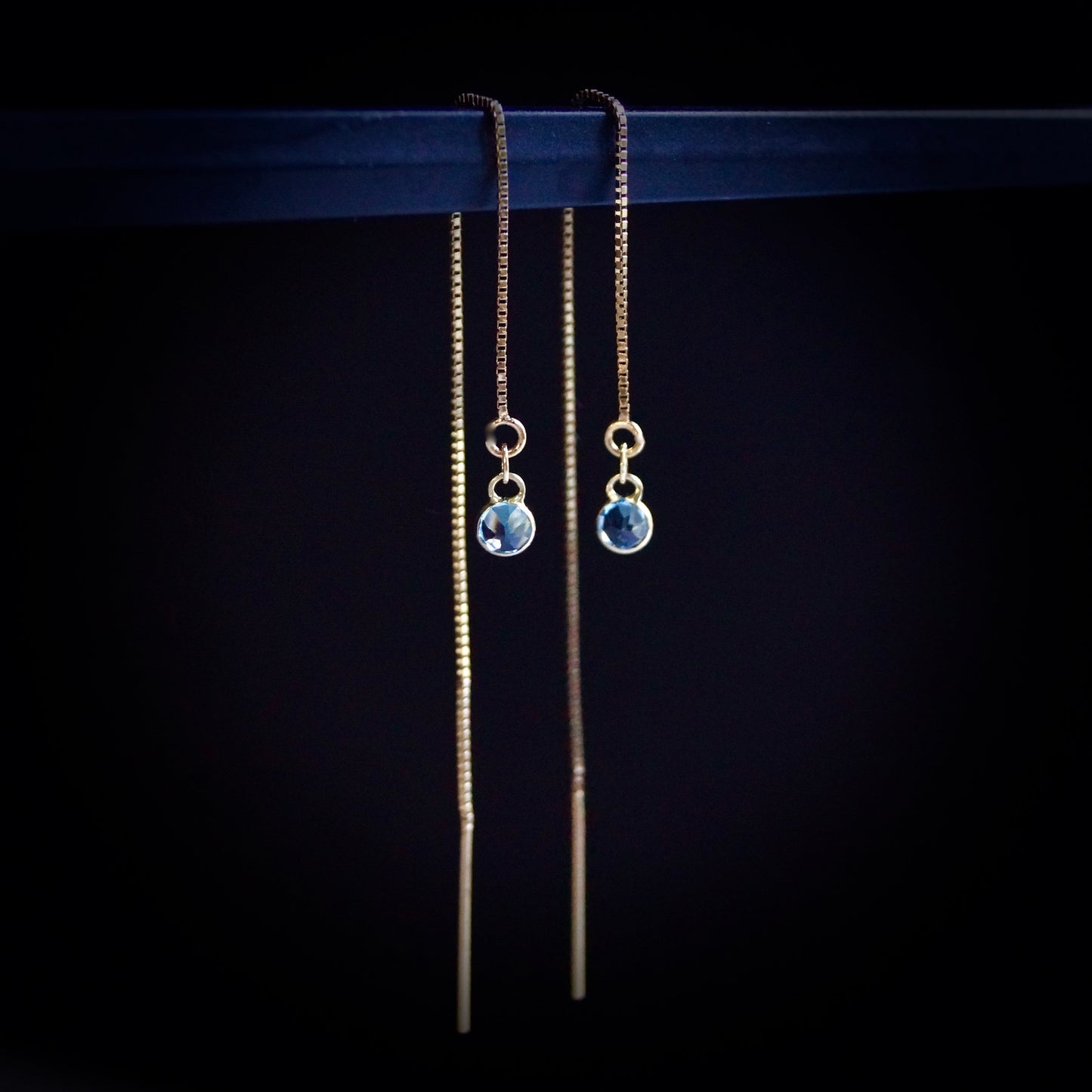 14K Solid Gold: Blue Topaz Earrings, Threader Earrings, Long Box Chain, Dainty, Minimalist , December Birthstone, Swiss Blue