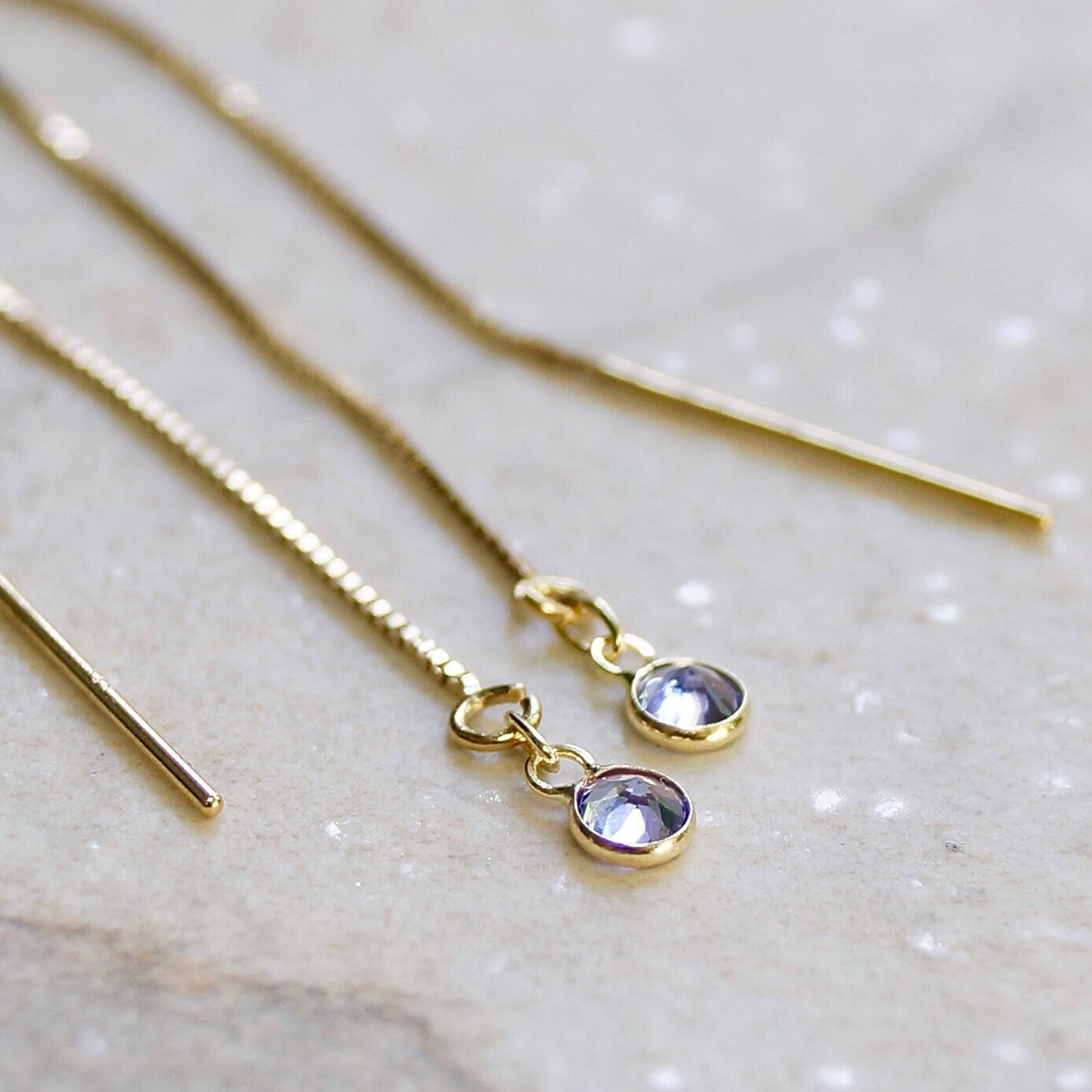 14K Solid Gold: Tanzanite Earrings, Threader Earrings, Long Box Chain, Dainty, Minimalist , Rare Gemstone, Blue Violet, Fine Jewelry