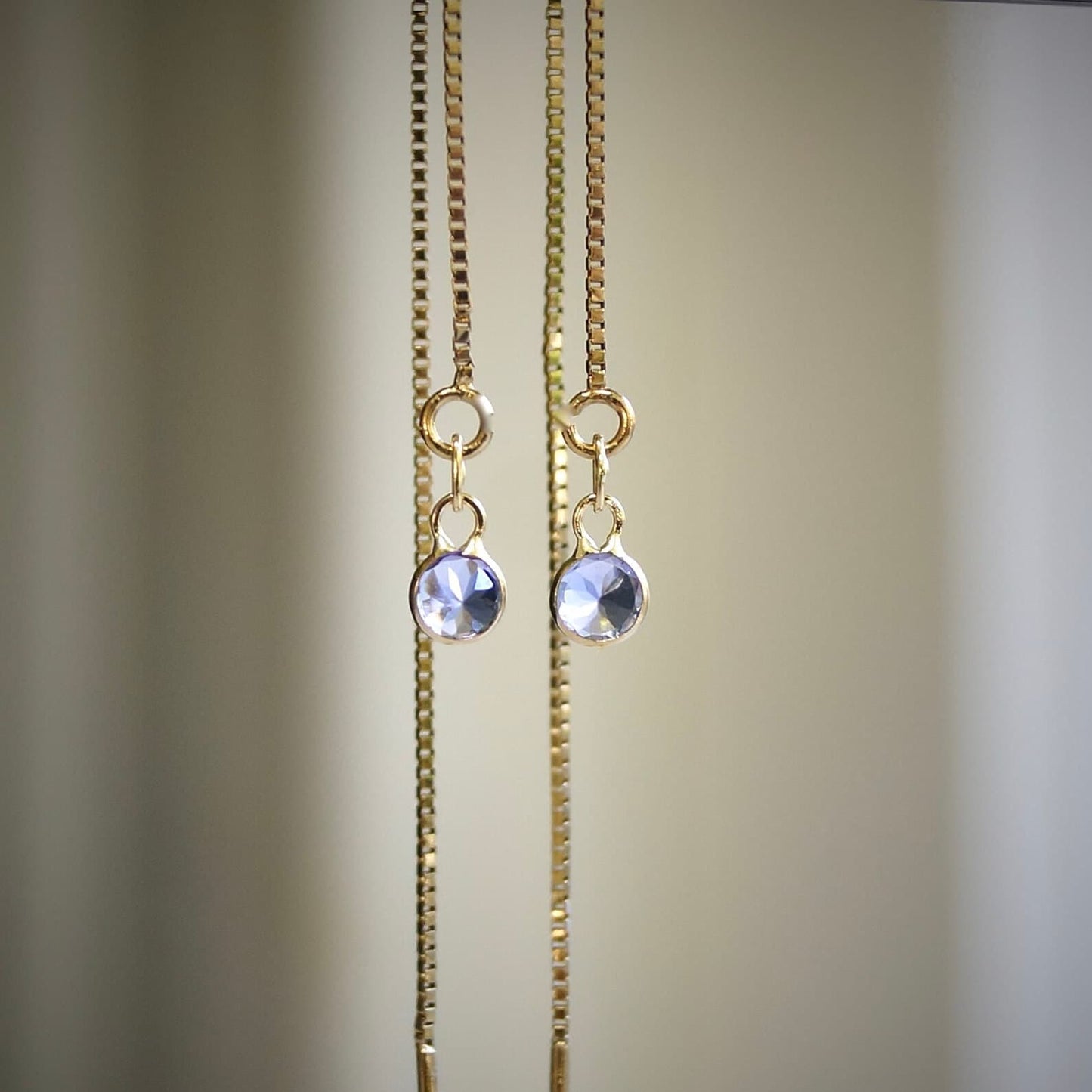 14K Solid Gold: Tanzanite Earrings, Threader Earrings, Long Box Chain, Dainty, Minimalist , Rare Gemstone, Blue Violet, Fine Jewelry