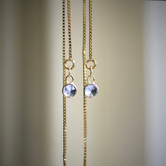 14K Solid Gold: Tanzanite Earrings, Threader Earrings, Long Box Chain, Dainty, Minimalist , Rare Gemstone, Blue Violet, Fine Jewelry