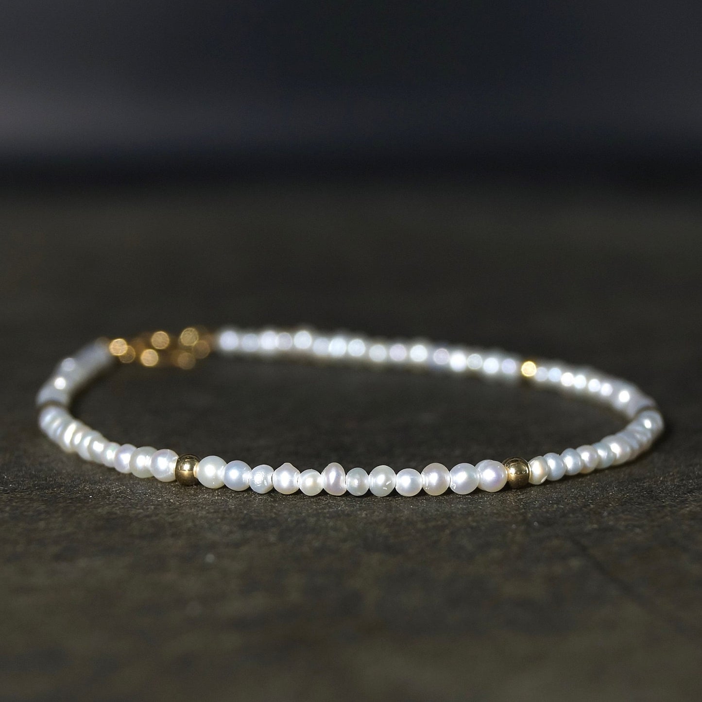 14K Solid Gold: Natural Pearl 2mm | Beaded Bracelet | Extra Small | Tiny Seed | Cultured | High Luster | AAA | Skinny Bracelet |Fine Jewelry