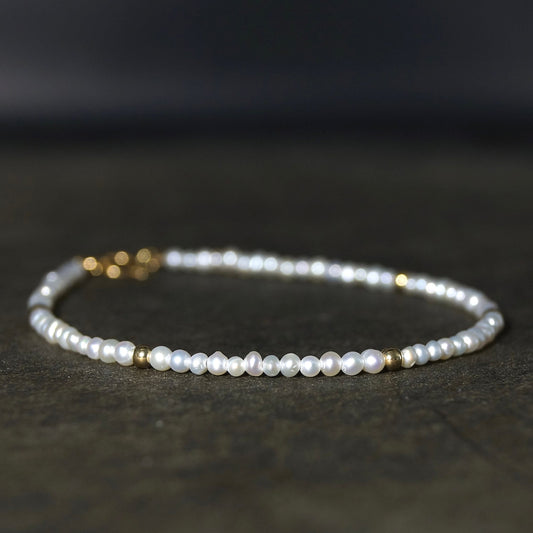 14K Solid Gold: Natural Pearl 2mm | Beaded Bracelet | Extra Small | Tiny Seed | Cultured | High Luster | AAA | Skinny Bracelet |Fine Jewelry