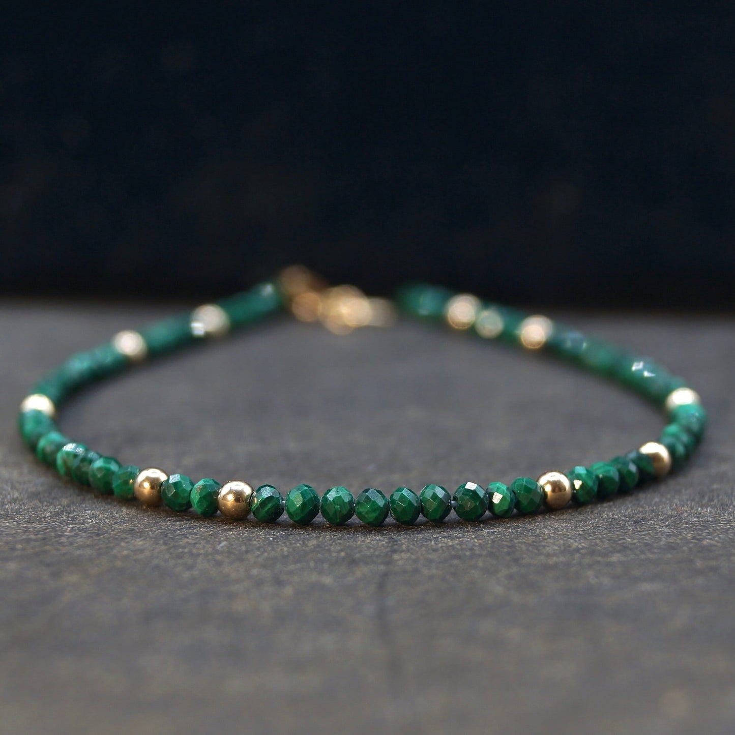 14K Solid Gold: Green Malachite Beaded Bracelet| 2mm | Fine Jewelry | Skinny | Dainty | Delicate | Healing Stone | Power Stone