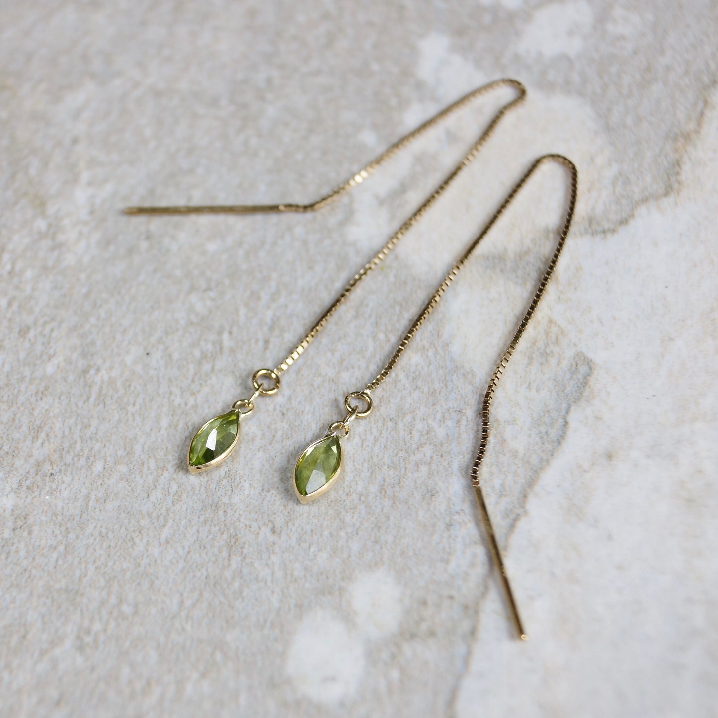 14K Solid Gold: Peridot Earrings, Threader Earrings, Green Peridot Jewelry, Long Chain, Dainty, Minimalist , August Birthstone