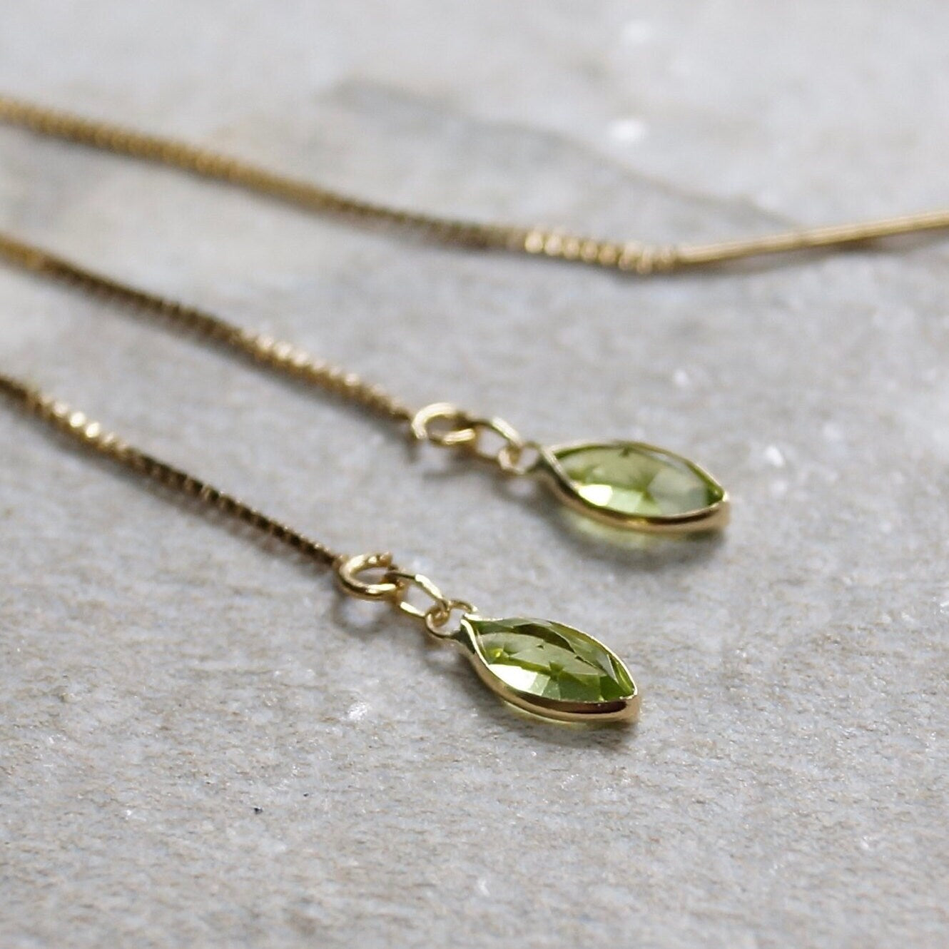 14K Solid Gold: Peridot Earrings, Threader Earrings, Green Peridot Jewelry, Long Chain, Dainty, Minimalist , August Birthstone