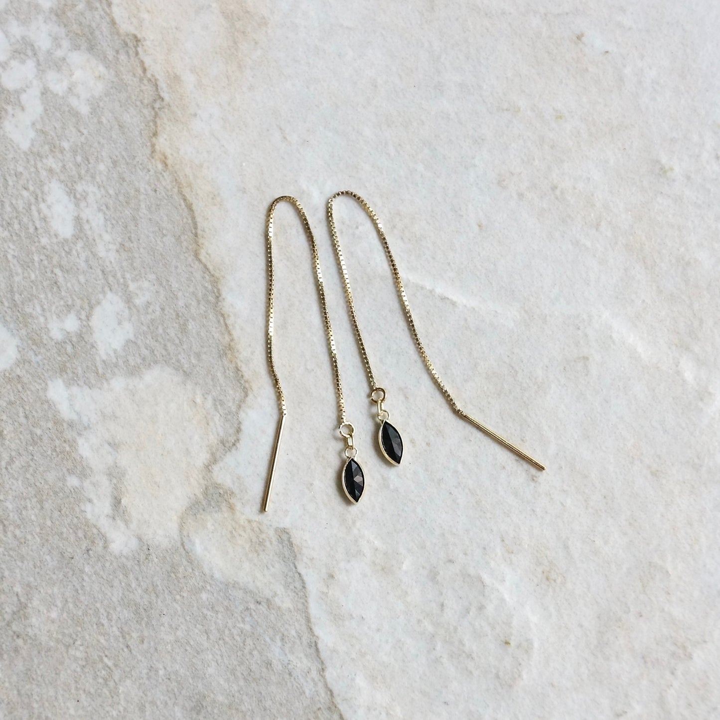 14K Solid Gold: Black Spinel Earrings, Threader Earrings, Tiny Jewelry, Long Chain, Dainty, Minimalist , Diamond Spinel