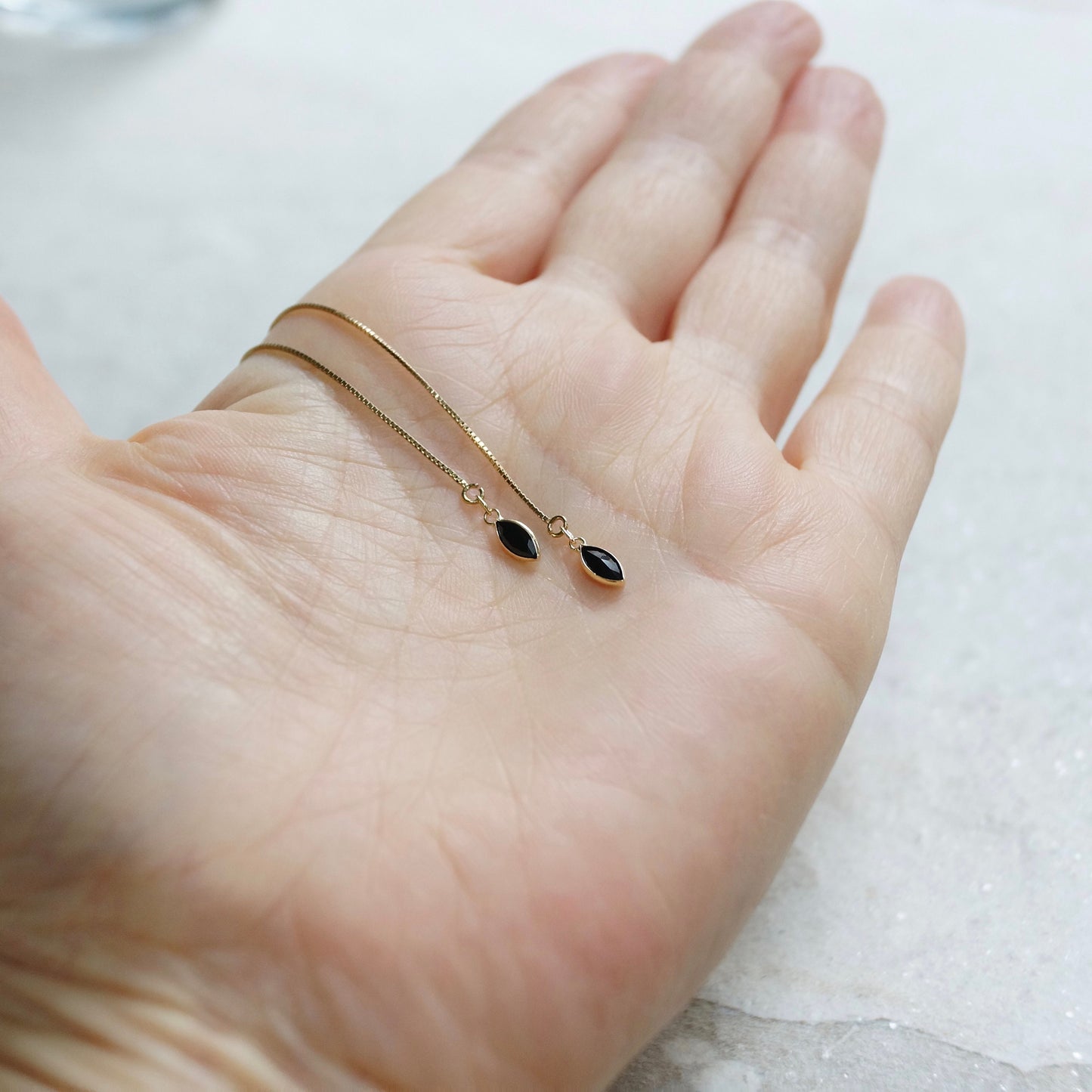 14K Solid Gold: Black Spinel Earrings, Threader Earrings, Tiny Jewelry, Long Chain, Dainty, Minimalist , Diamond Spinel