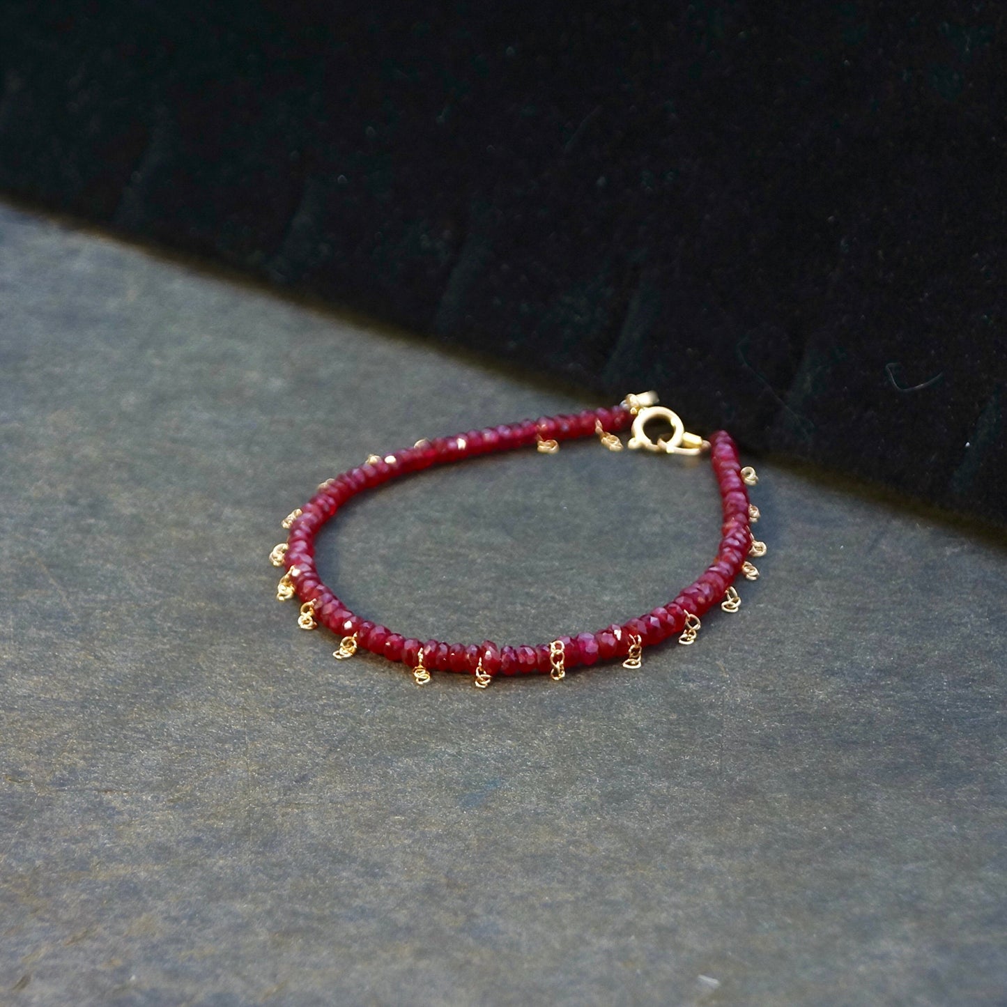 14K Solid Gold Bracelet with Ruby | 2.5mm - 3mm | Gold Fringe Chain | Natural Ruby | Stacking Bracelet | Delicate | Skinny | July Birthstone