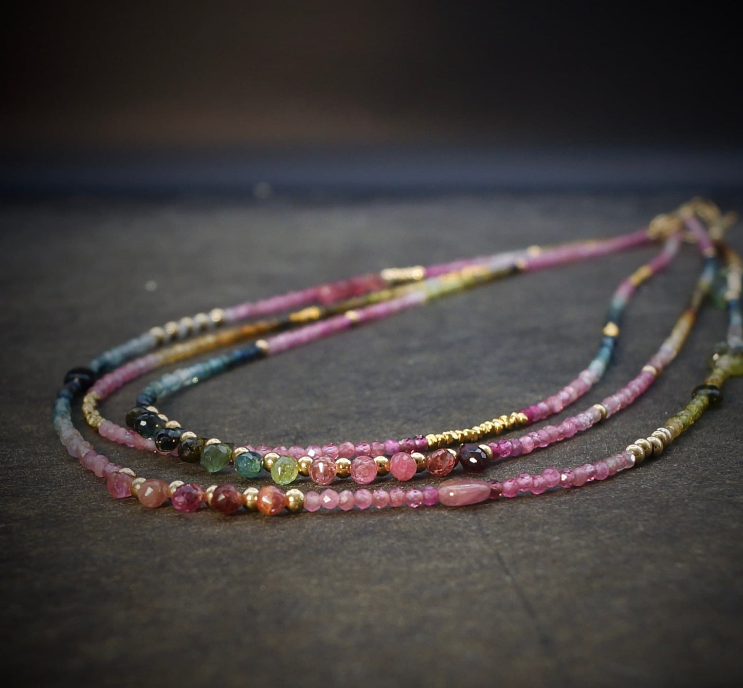 14K Solid Gold: Watermelon Tourmaline Ombre Beaded Necklace, Pink Blue Green, Shaded Tourmaline, layered Necklace, Multi Color Gemstone