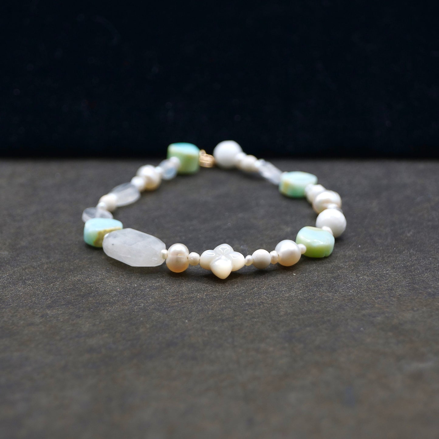 14K Solid Gold: Blue Opal Bead Bracelet | Natural Pearl | White Gemstones | Boho Bracelet | Pastel Colors