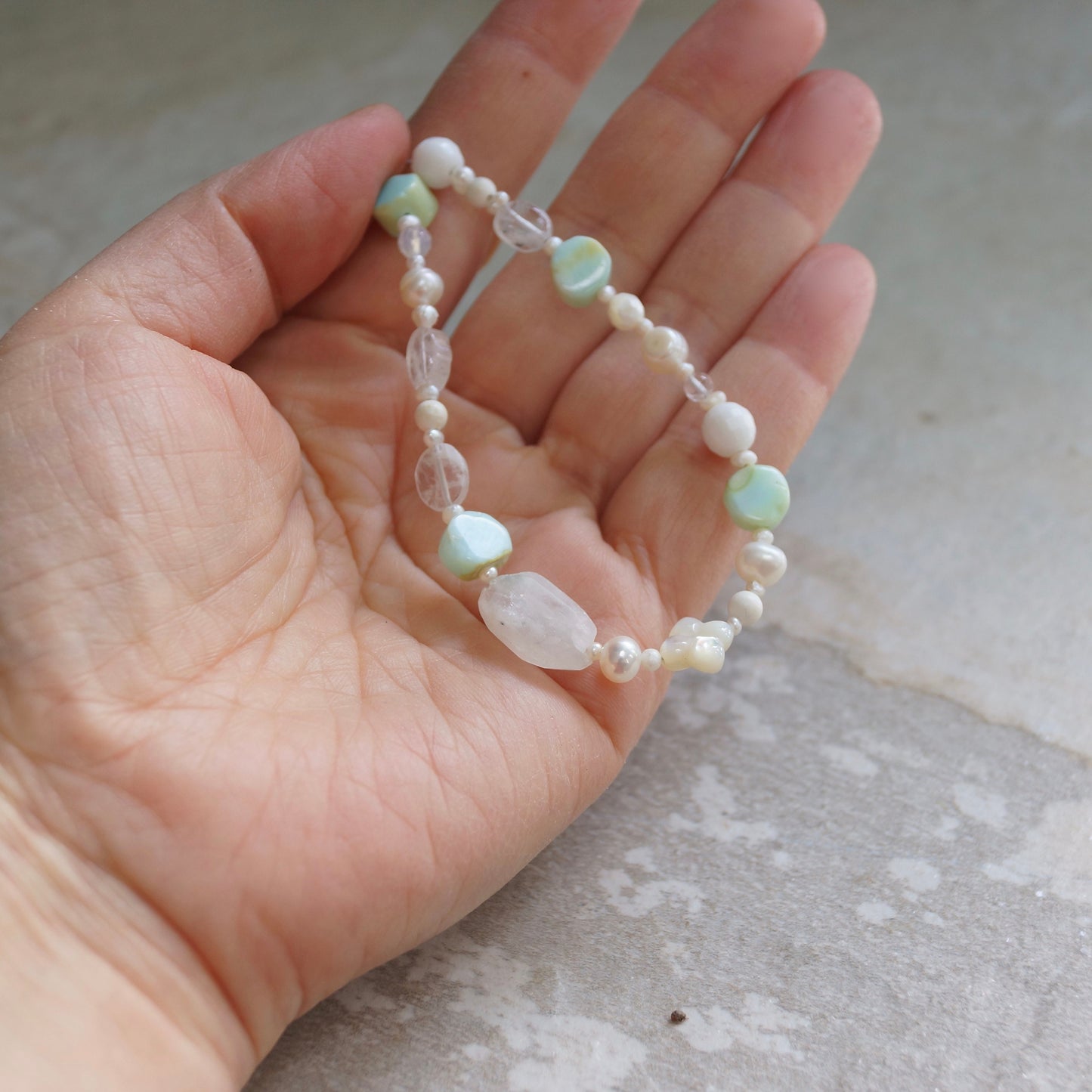 14K Solid Gold: Blue Opal Bead Bracelet | Natural Pearl | White Gemstones | Boho Bracelet | Pastel Colors