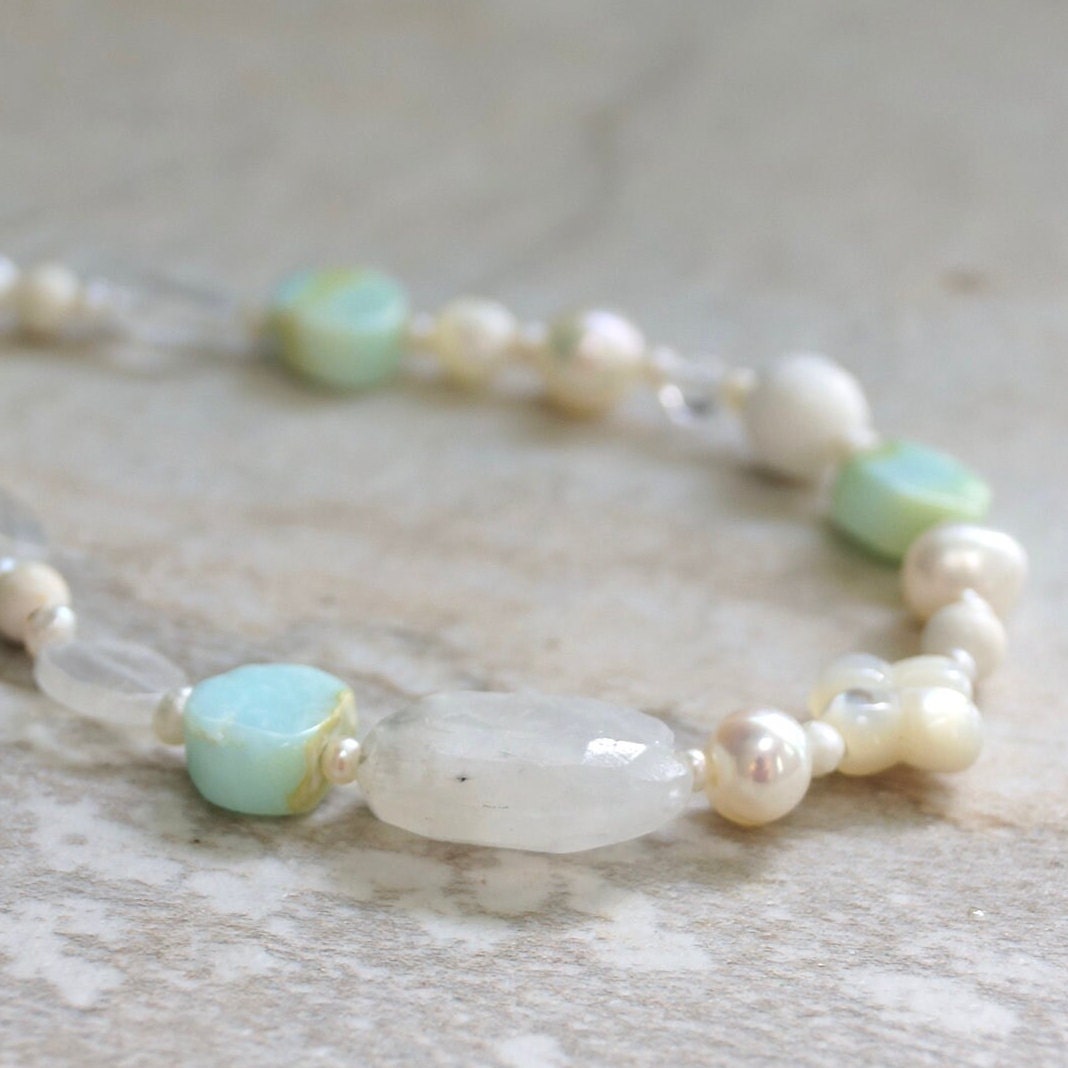 14K Solid Gold: Blue Opal Bead Bracelet | Natural Pearl | White Gemstones | Boho Bracelet | Pastel Colors