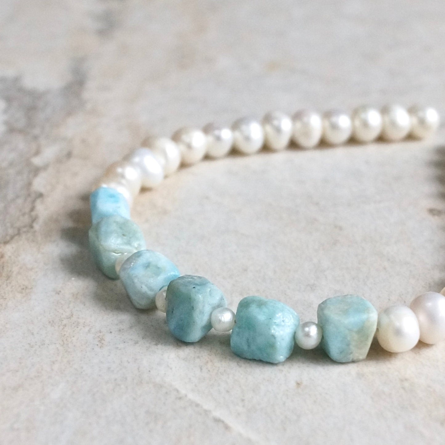 14K Solid Gold: Larimar Bead Bracelet | Natural Pearl | Pastel Blue Gemstones | Bohemian | Cube | Raw Larimar | Fine Jewelry