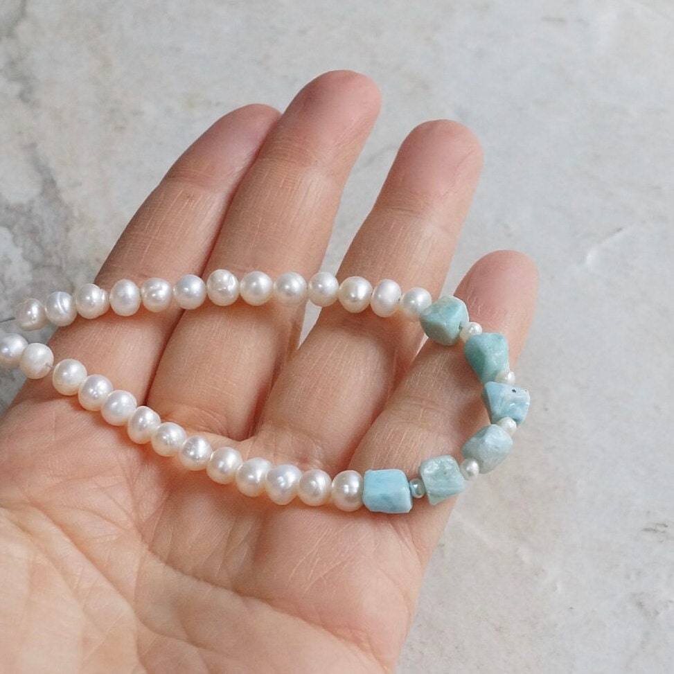 14K Solid Gold: Larimar Bead Bracelet | Natural Pearl | Pastel Blue Gemstones | Bohemian | Cube | Raw Larimar | Fine Jewelry