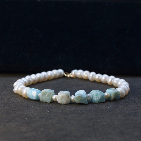 14K Solid Gold: Larimar Bead Bracelet | Natural Pearl | Pastel Blue Gemstones | Bohemian | Cube | Raw Larimar | Fine Jewelry