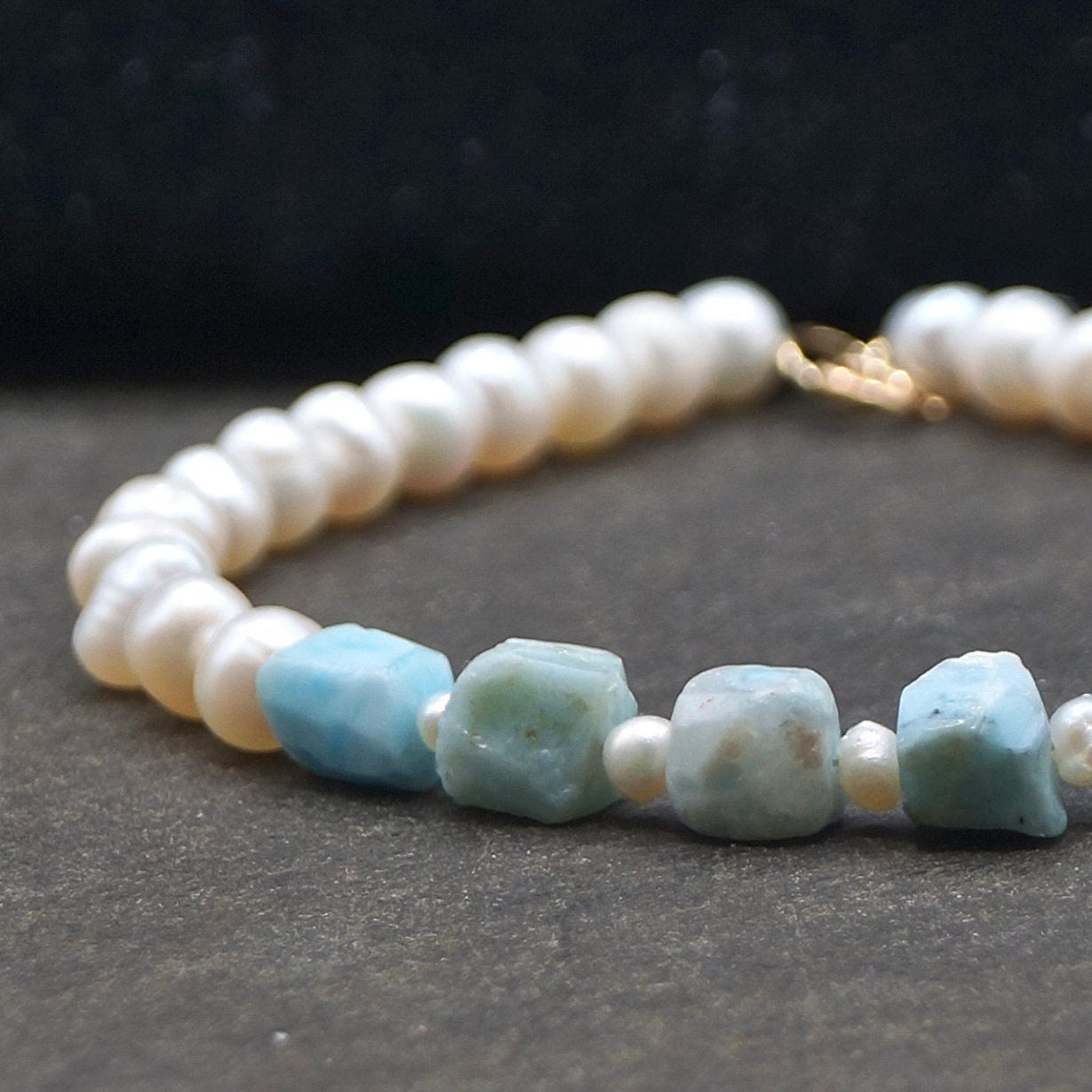 14K Solid Gold: Larimar Bead Bracelet | Natural Pearl | Pastel Blue Gemstones | Bohemian | Cube | Raw Larimar | Fine Jewelry