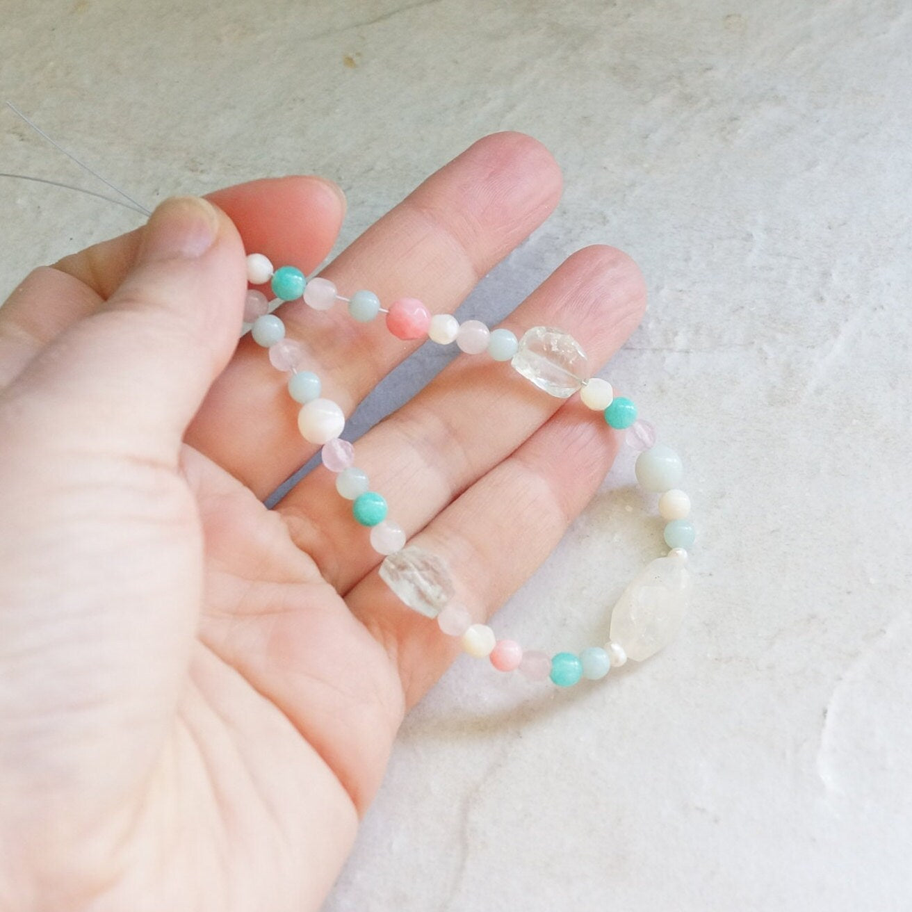 14K Solid Gold: Moonstone Bead Bracelet | Pastel Rainbow Gemstones | Boho Bracelet | Pastel Green and Pink | Pastel Colors | Healing