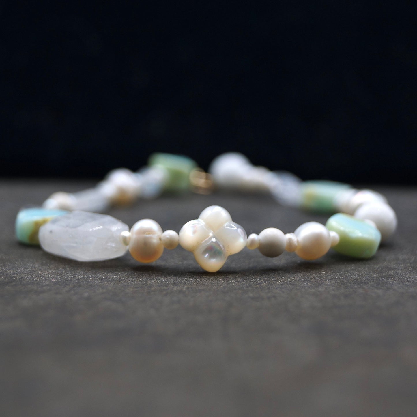 14K Solid Gold: Blue Opal Bead Bracelet | Natural Pearl | White Gemstones | Boho Bracelet | Pastel Colors