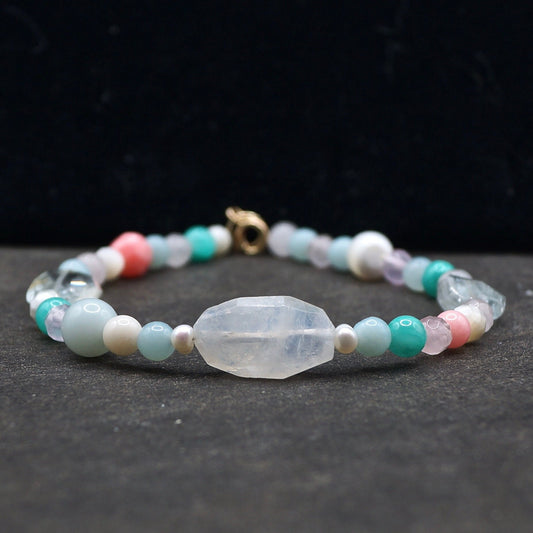 14K Solid Gold: Moonstone Bead Bracelet | Pastel Rainbow Gemstones | Boho Bracelet | Pastel Green and Pink | Pastel Colors | Healing