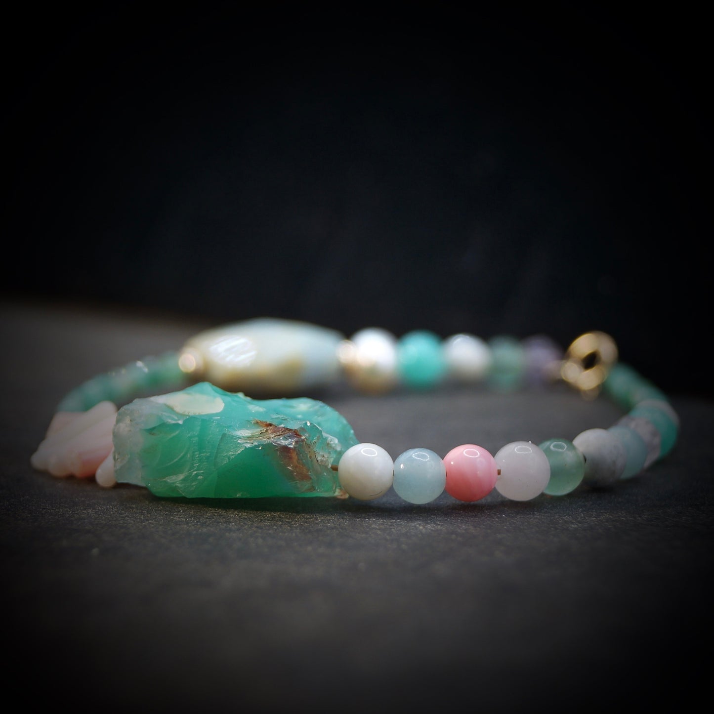 14K Solid Gold: Raw Amazonite Quartz Bead Bracelet | Emerald | Pastel Rainbow Gemstones | Bohemian | Pastel Green and Pink | Fine Jewelry