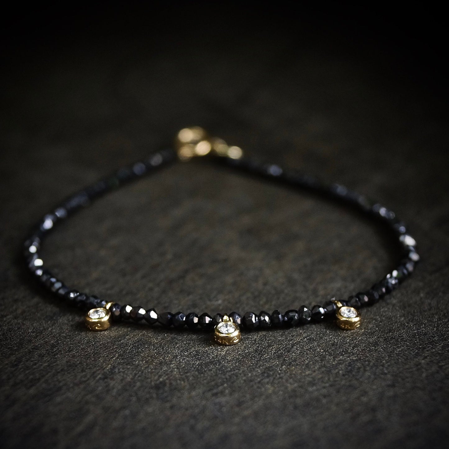 14K Solid Gold: Black & White Diamond Bracelet | Dainty | Delicate | Beaded Stacking Bracelet | April Birthstone | Real Natural Genuine