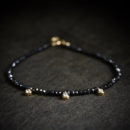 14K Solid Gold: Black & White Diamond Bracelet | Dainty | Delicate | Beaded Stacking Bracelet | April Birthstone | Real Natural Genuine