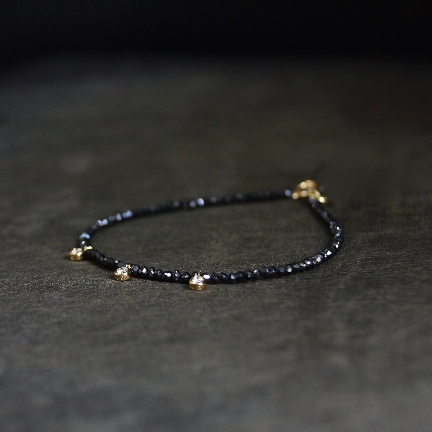 14K Solid Gold: Black & White Diamond Bracelet | Dainty | Delicate | Beaded Stacking Bracelet | April Birthstone | Real Natural Genuine