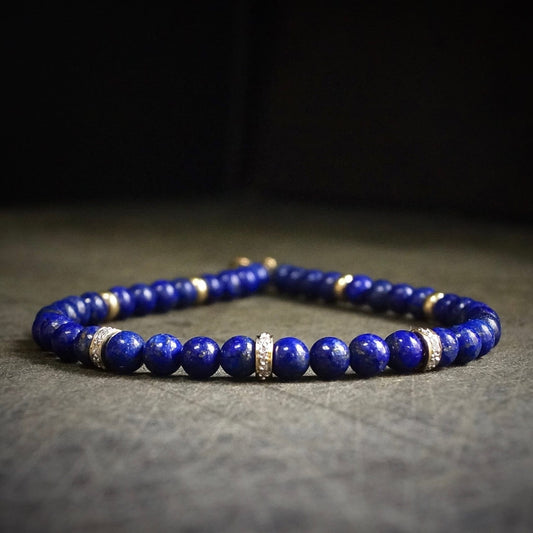 14K: Diamond Spiritual Bead Bracelet | 4mm |  Diamond | Lapis Lazuli | Bead Bracelet | Navy Blue Gemstone | Fine Jewelry | For Him