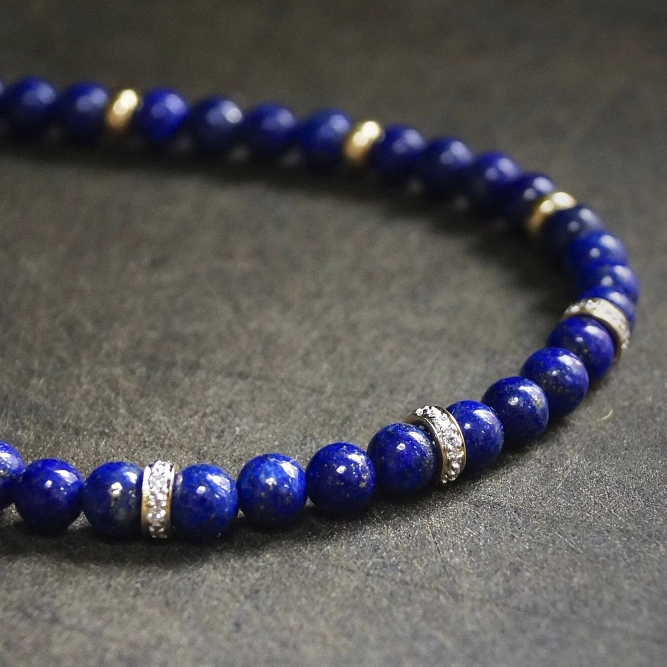 14K: Diamond Spiritual Bead Bracelet | 4mm |  Diamond | Lapis Lazuli | Bead Bracelet | Navy Blue Gemstone | Fine Jewelry | For Him