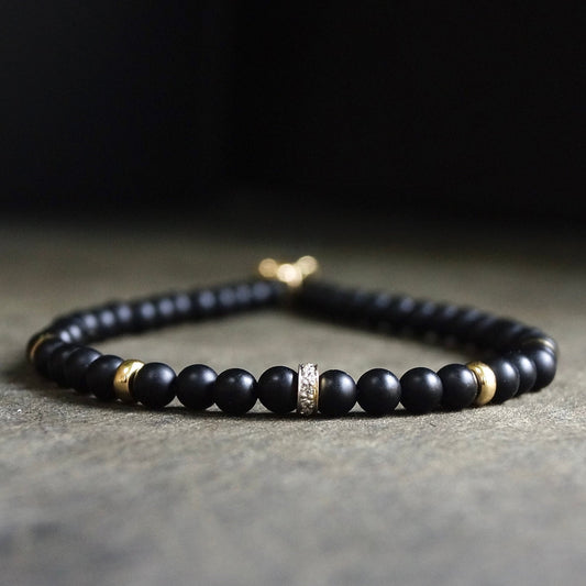 14K Solid Gold: Onyx & Diamond Bead Bracelet | 4mm |  Diamond | Black Gemstone | Father's Day | Fine Jewelry | For Him | Matte Black