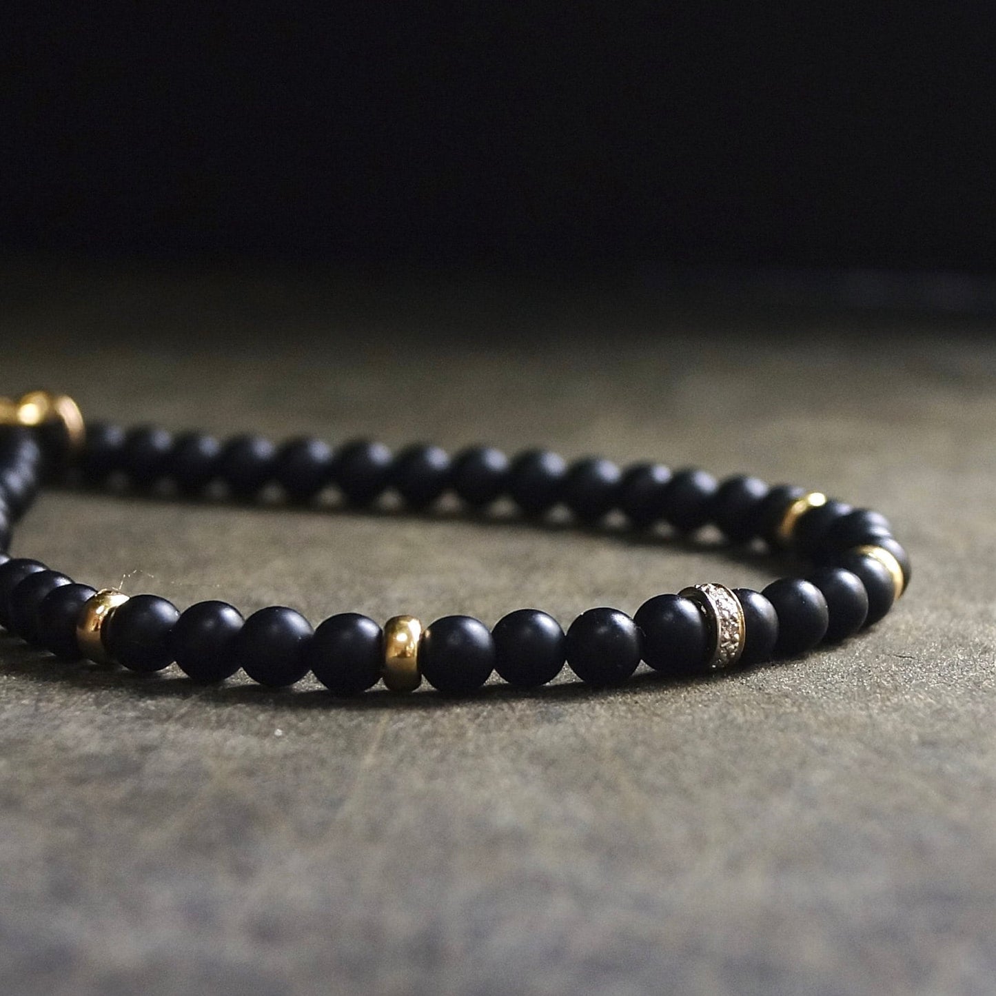 14K Solid Gold: Onyx & Diamond Bead Bracelet | 4mm |  Diamond | Black Gemstone | Father's Day | Fine Jewelry | For Him | Matte Black