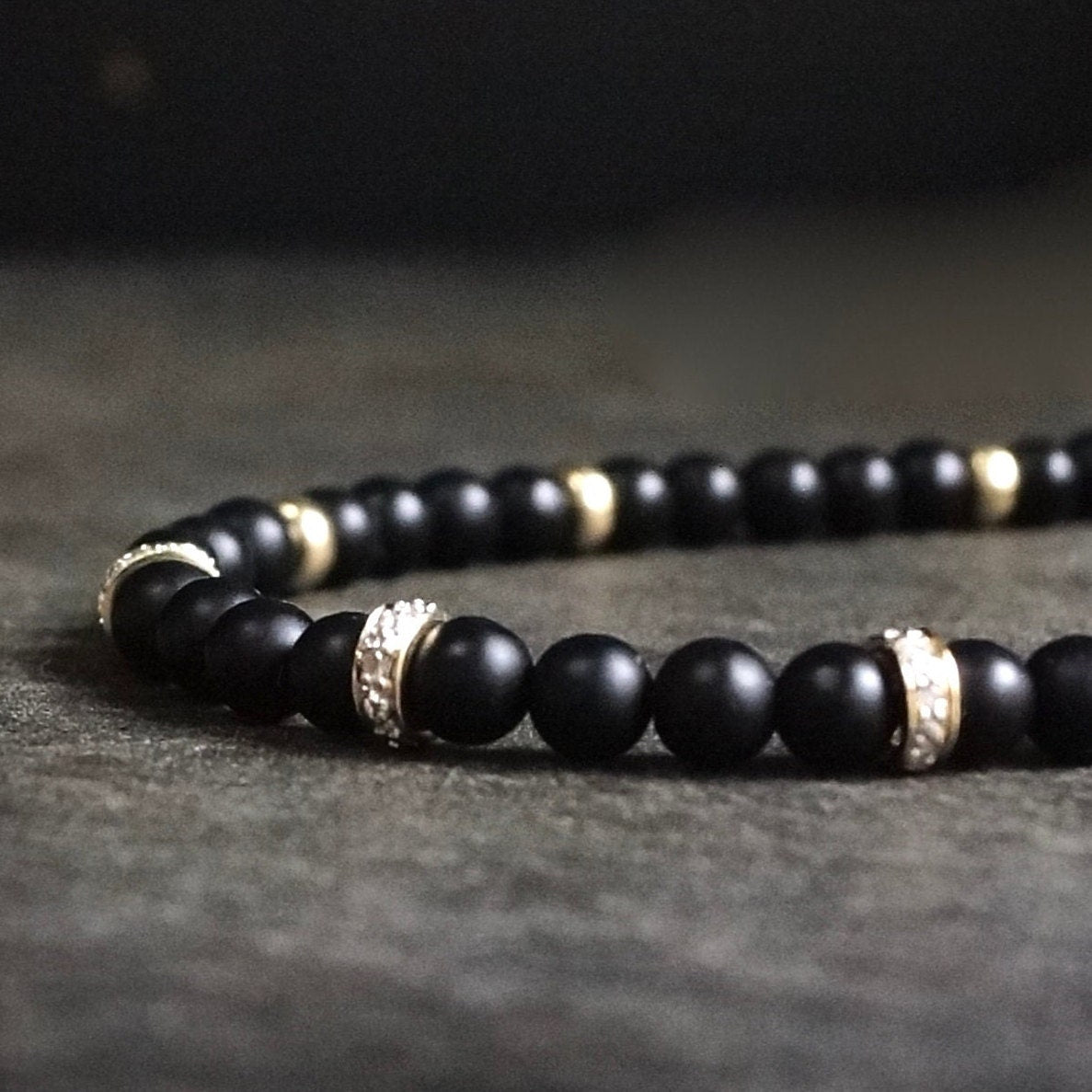 14K Solid Gold: Onyx & Diamond Bead Bracelet | 4mm |  Diamond | Black Gemstone | Father's Day | Fine Jewelry | For Him | Matte Black