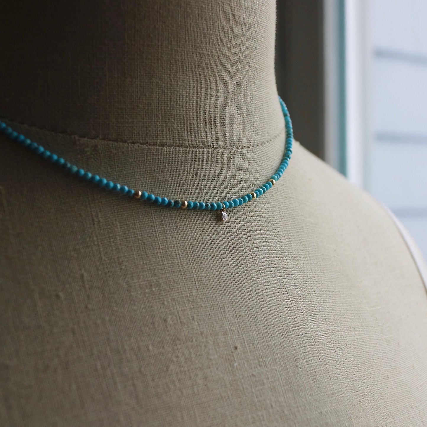 14K Solid Gold: Turquoise & Diamond Charm Necklace| 2.5mm | Beaded Gemstone | Dainty Delicate | Sleeping Beauty | Fine Jewelry