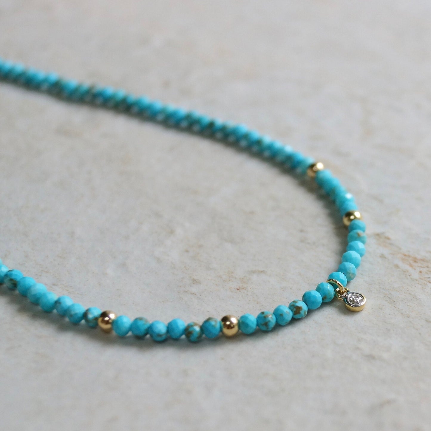 14K Solid Gold: Turquoise & Diamond Charm Necklace| 2.5mm | Beaded Gemstone | Dainty Delicate | Sleeping Beauty | Fine Jewelry