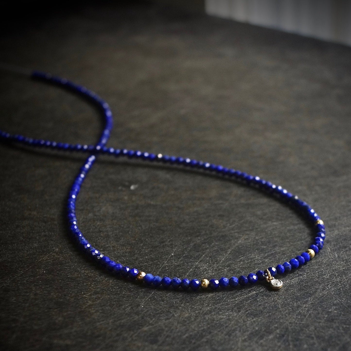 14K Solid Gold: Lapis Lazuli & Diamond Charm Necklace| 2.2mm | Beaded Gemstone | Dainty Delicate | Navy Blue | Fine Jewelry