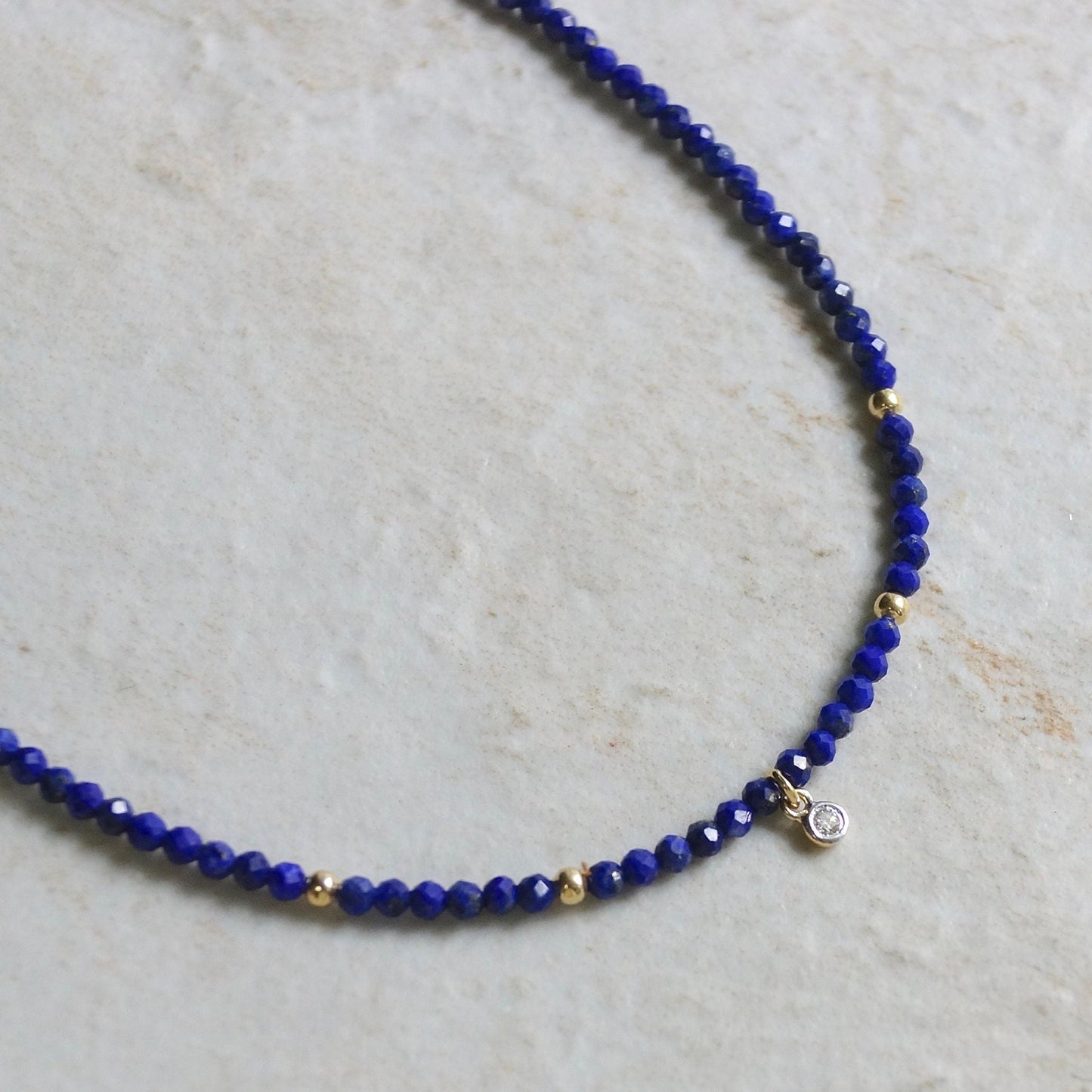 14K Solid Gold: Lapis Lazuli & Diamond Charm Necklace| 2.2mm | Beaded Gemstone | Dainty Delicate | Navy Blue | Fine Jewelry