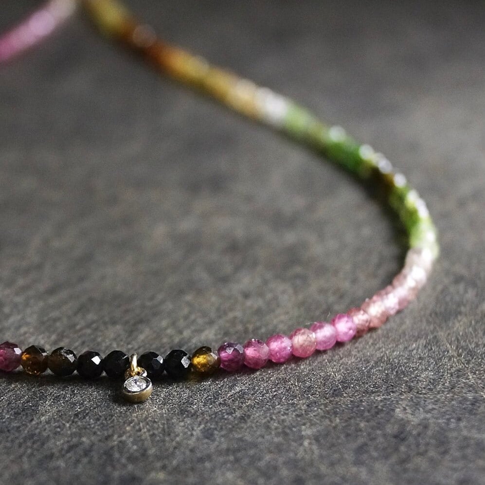 14K: Diamond & Tourmaline Necklace| 2.5mm | Pink |Watermelon Tourmaline |Bead Gemstone |Rainbow Multi Color | Fine Jewelry