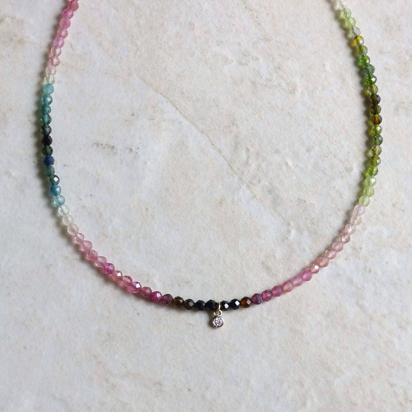 14K: Diamond & Tourmaline Necklace| 2.5mm | Pink |Watermelon Tourmaline |Bead Gemstone |Rainbow Multi Color | Fine Jewelry