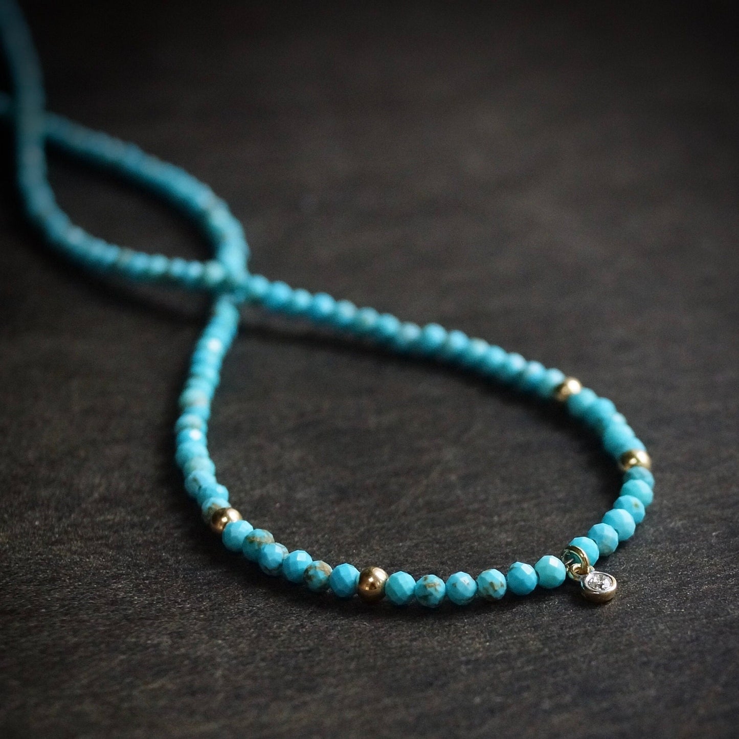 14K Solid Gold: Turquoise & Diamond Charm Necklace| 2.5mm | Beaded Gemstone | Dainty Delicate | Sleeping Beauty | Fine Jewelry