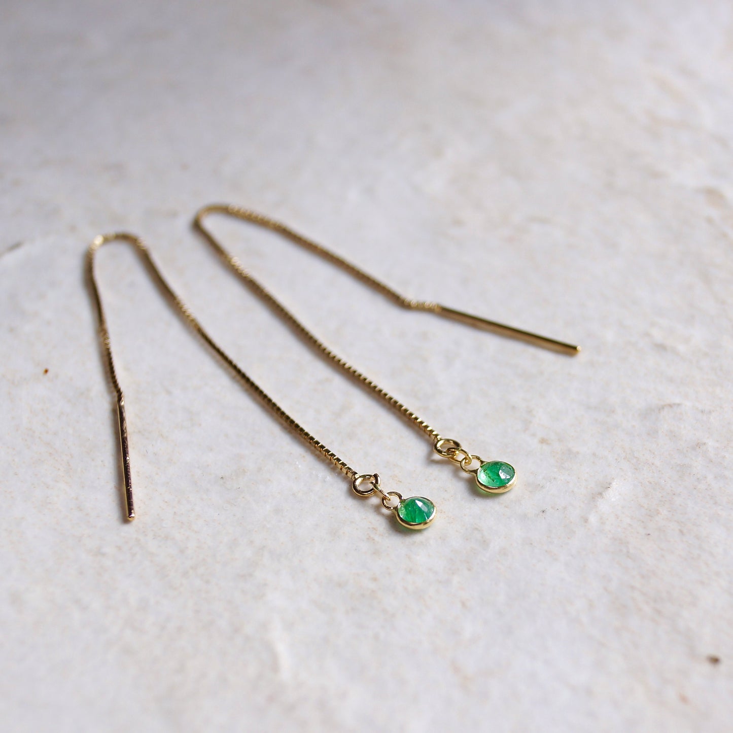 14K Solid Gold: Emerald Earrings, Threader earrings, Natural Emerald Jewelry, Long Chain, Dainty, Minimalist , May Birthstone