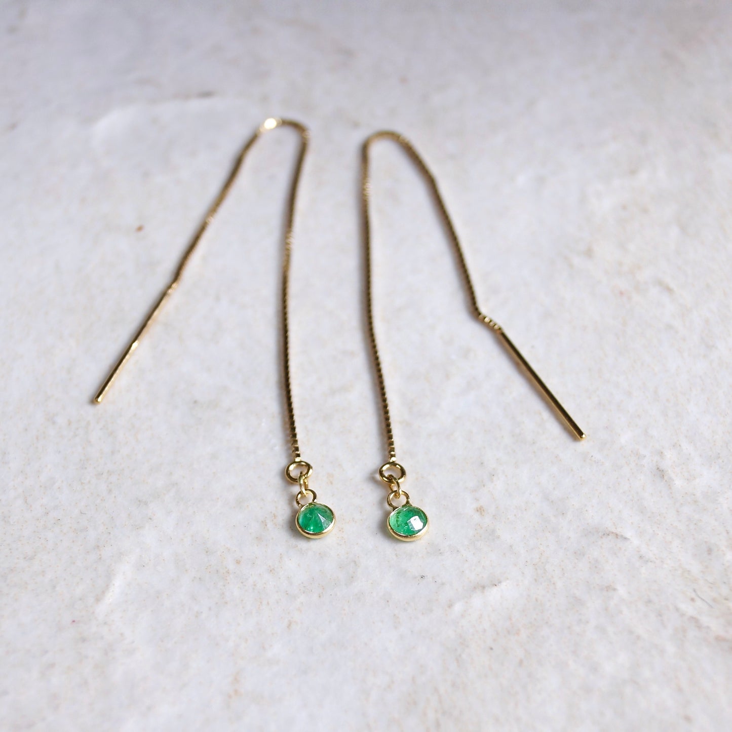 14K Solid Gold: Emerald Earrings, Threader earrings, Natural Emerald Jewelry, Long Chain, Dainty, Minimalist , May Birthstone