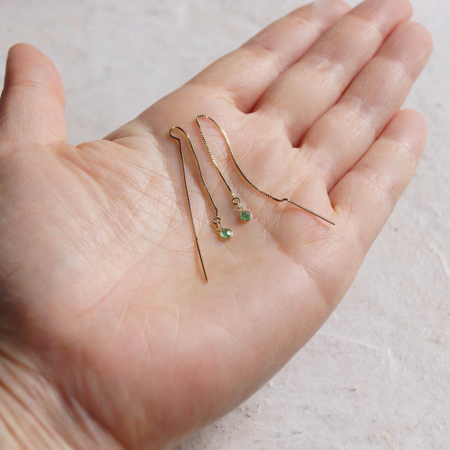 14K Solid Gold: Emerald Earrings, Threader earrings, Natural Emerald Jewelry, Long Chain, Dainty, Minimalist , May Birthstone