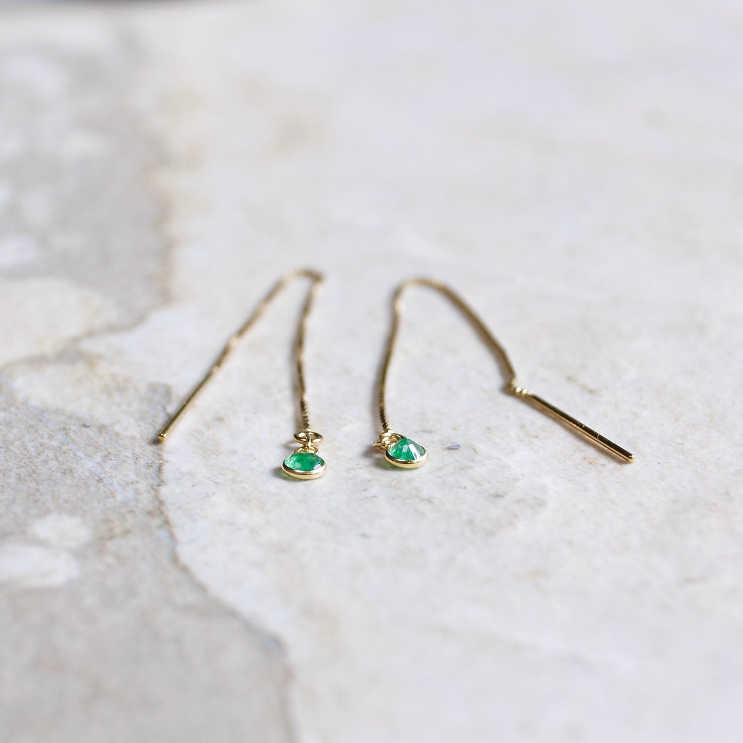 14K Solid Gold: Emerald Earrings, Threader earrings, Natural Emerald Jewelry, Long Chain, Dainty, Minimalist , May Birthstone