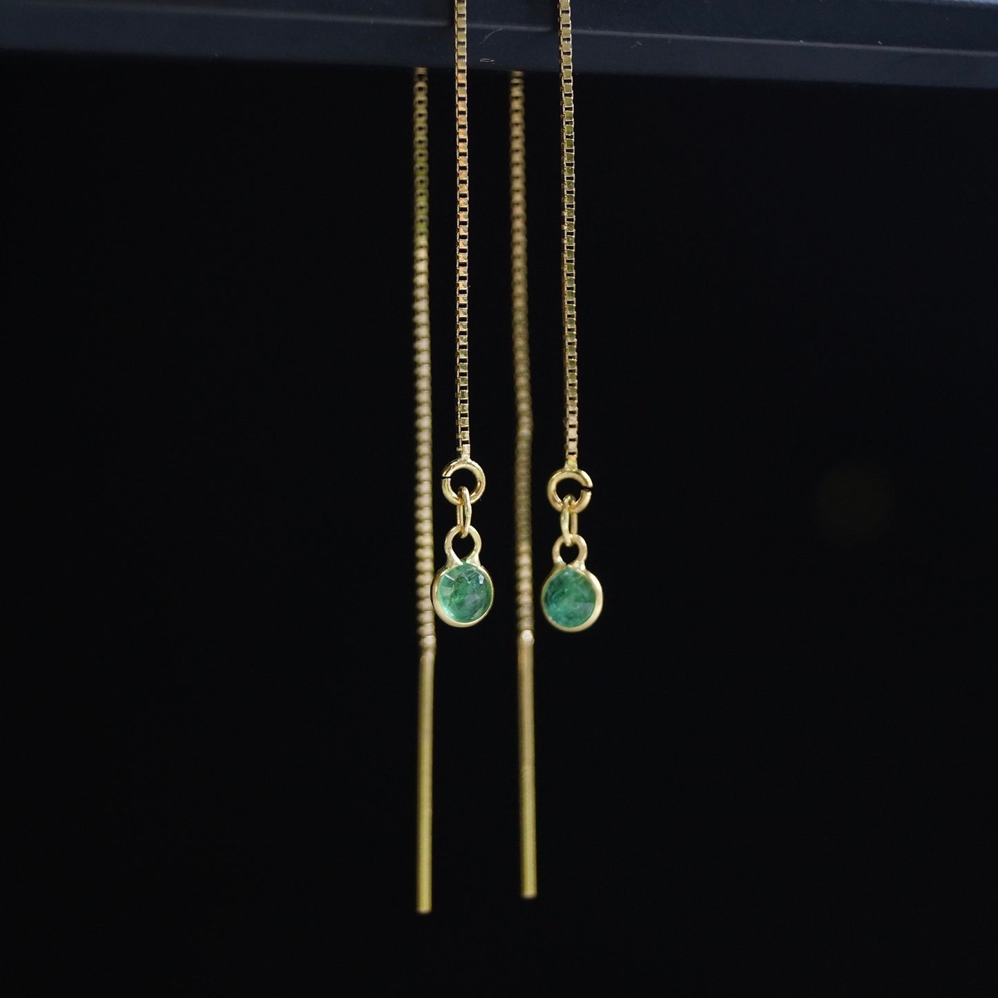 14K Solid Gold: Emerald Earrings, Threader earrings, Natural Emerald Jewelry, Long Chain, Dainty, Minimalist , May Birthstone