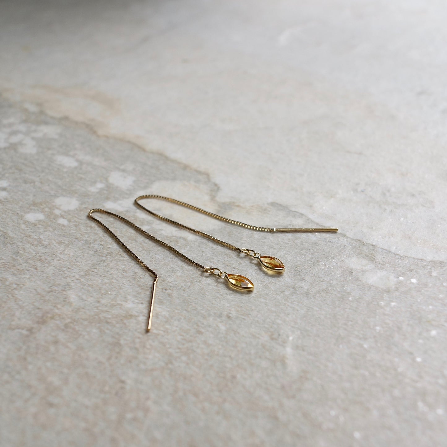 14K Solid Gold: Citrine Earrings, Threader earrings, Marquise Jewelry, Long Chain, Dainty, Minimalist , Chakra, Healing Stone, Yellow