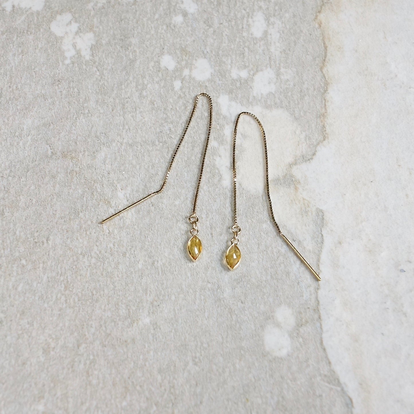 14K Solid Gold: Citrine Earrings, Threader earrings, Marquise Jewelry, Long Chain, Dainty, Minimalist , Chakra, Healing Stone, Yellow