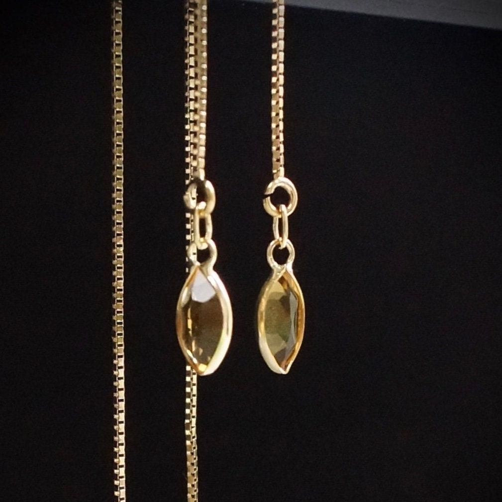 14K Solid Gold: Citrine Earrings, Threader earrings, Marquise Jewelry, Long Chain, Dainty, Minimalist , Chakra, Healing Stone, Yellow