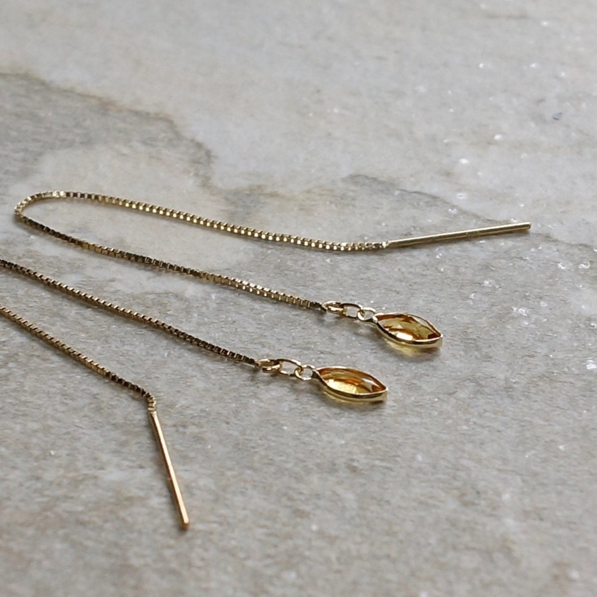 14K Solid Gold: Citrine Earrings, Threader earrings, Marquise Jewelry, Long Chain, Dainty, Minimalist , Chakra, Healing Stone, Yellow