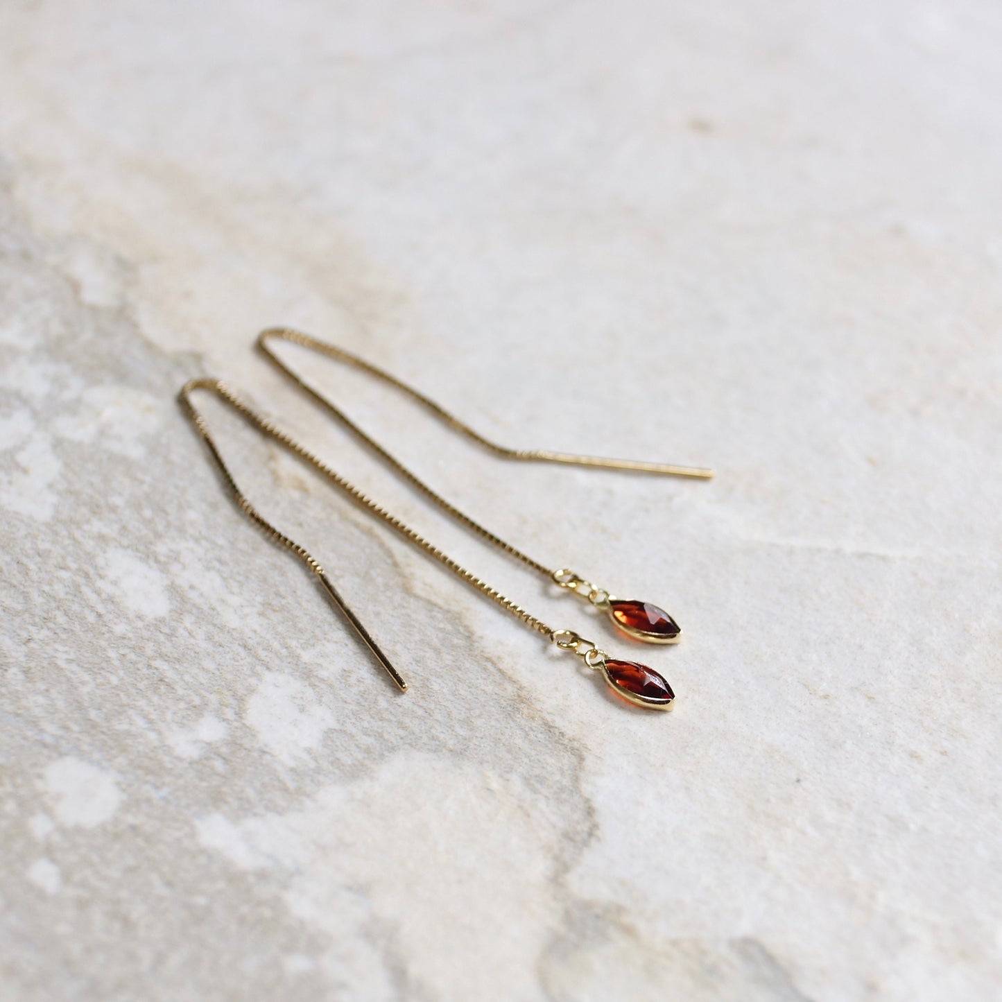 14K Solid Gold: Garnet Earrings, Threader earrings, Marquise Jewelry, Long Chain, Dainty, Minimalist , Root Chakra, Healing Stone, Red